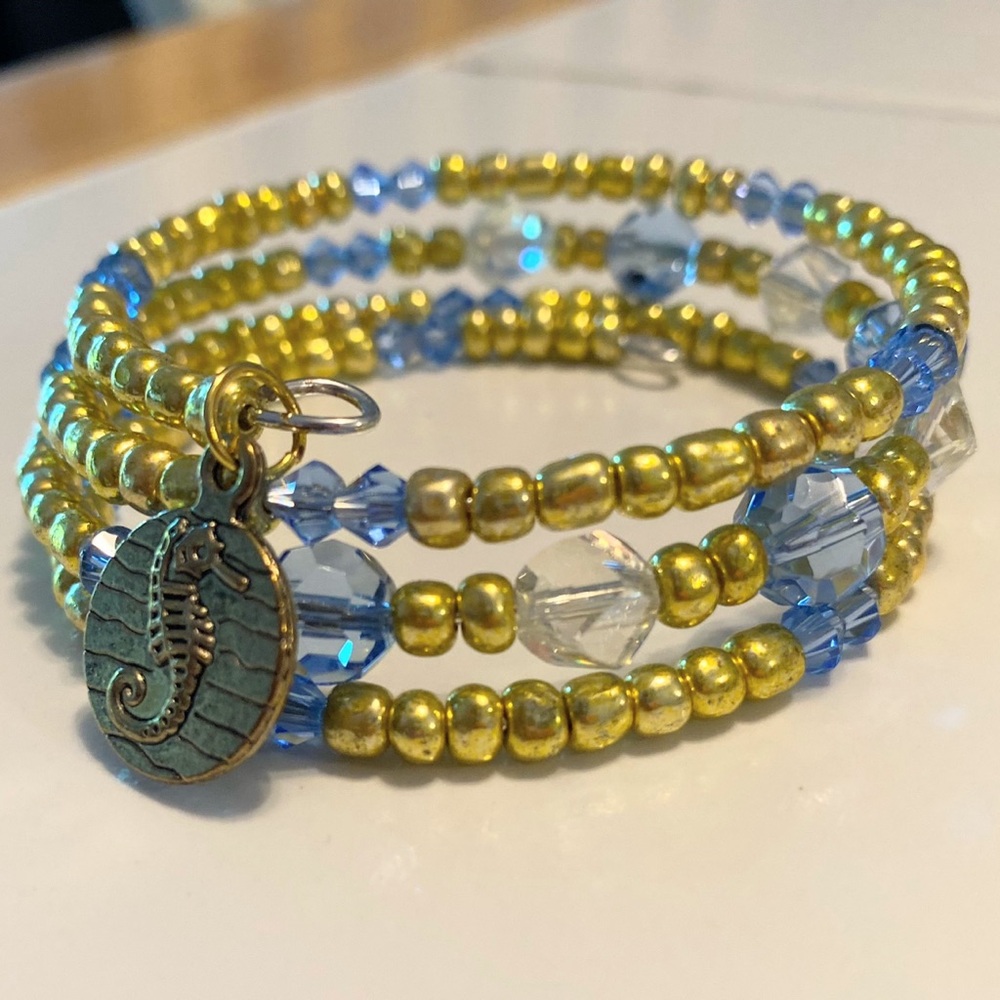 Handcrafted Gold and Light Blue Crystal Beaded Wrap Bracelet with Seahorse Charm